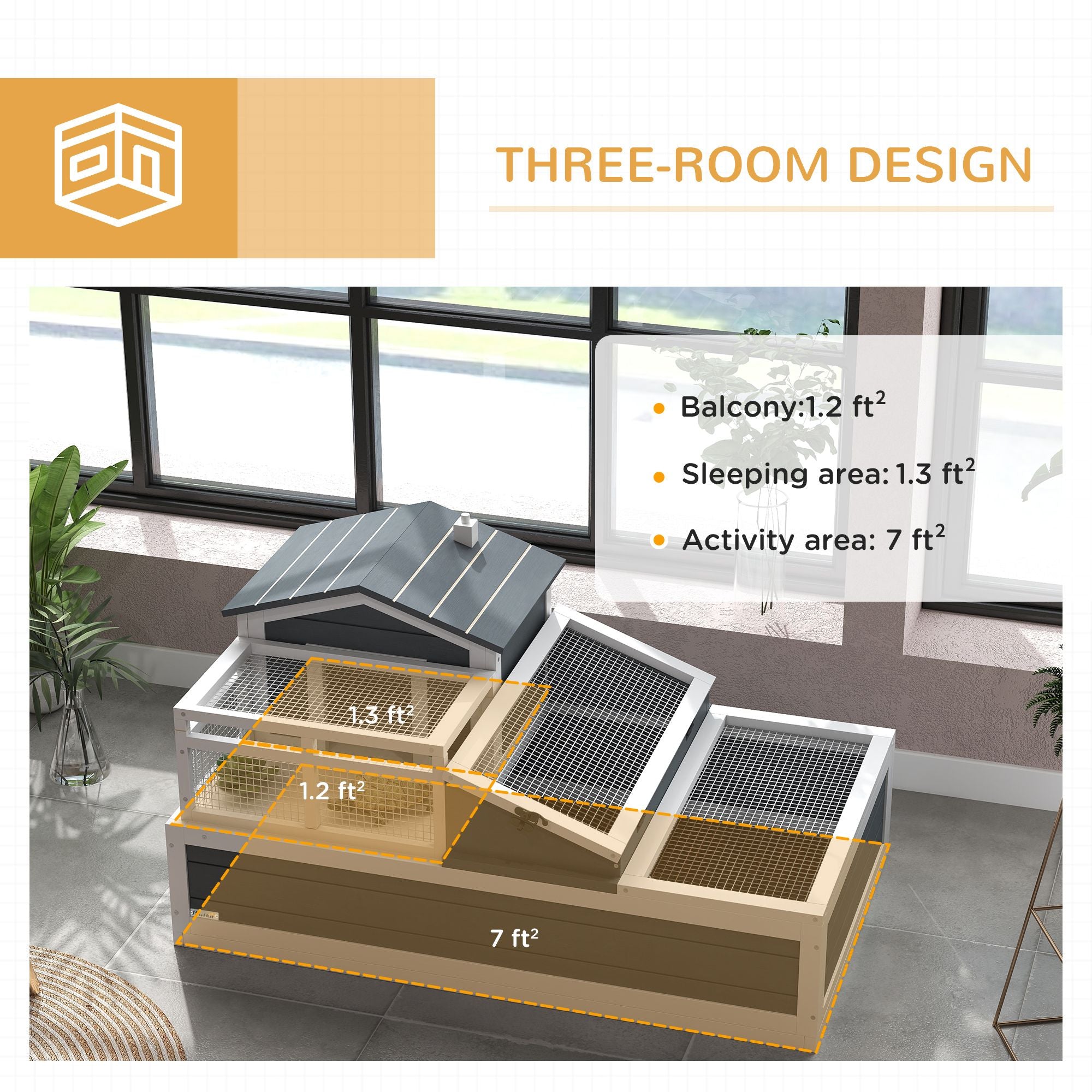 3-Room furniture-style Tortoise Habitat with Balcony & Mesh Roof