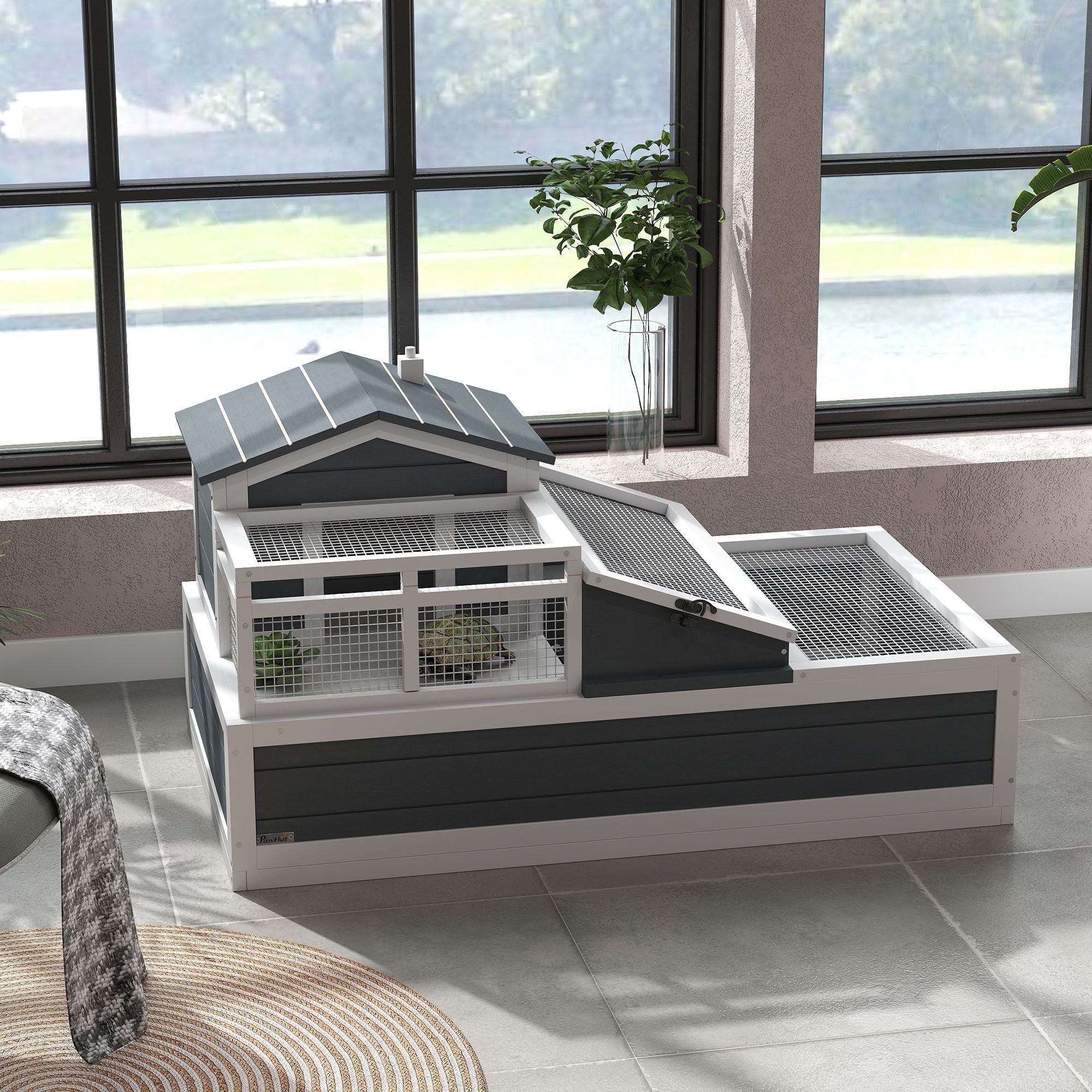 3-Room furniture-style Tortoise Habitat with Balcony & Mesh Roof