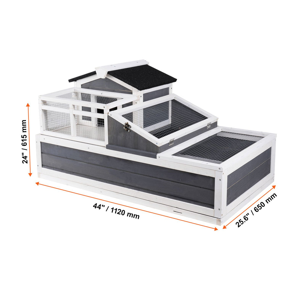 3-Room Tortoise House,Tortoise Habitat with Balcony & 2 Stories, Wooden Tortoise Enclosure Indoor & Outdoor with Ramp, Tray, Openable Roof, Large Reptile Cage, 44" x 25.6"x 24"