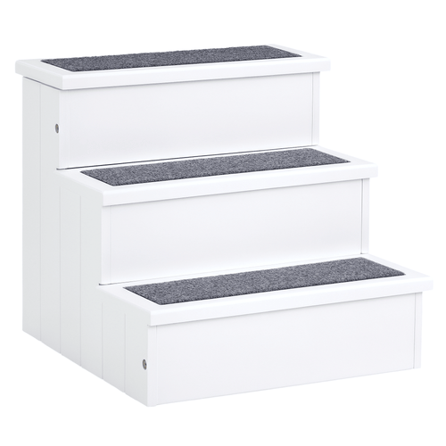 3 Step Wooden Carpeted Non Slip Pet Stairs Ramp for Cats and Small Dogs - White