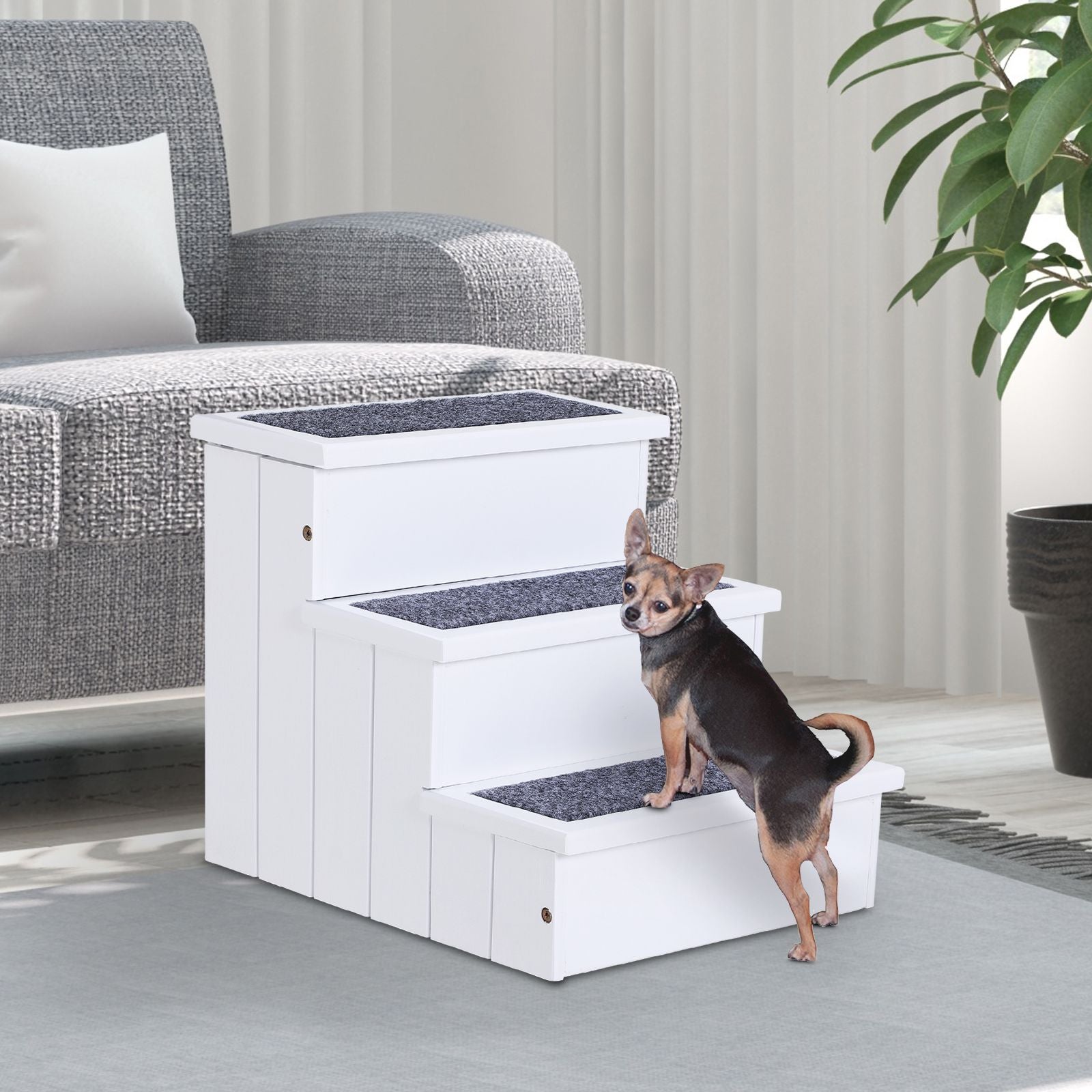 3 Step Wooden Carpeted Non Slip Pet Stairs Ramp for Cats and Small Dogs - White