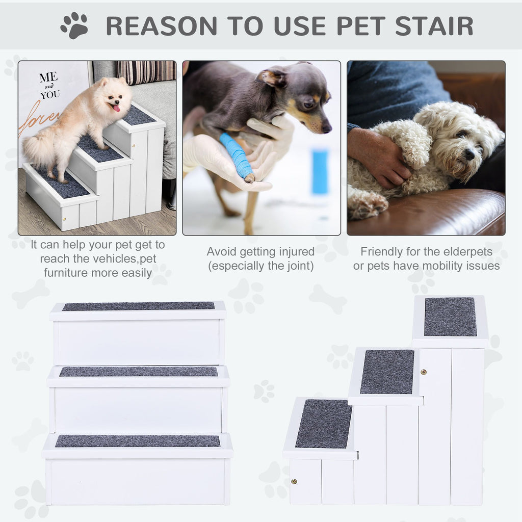 3 Step Wooden Carpeted Non Slip Pet Stairs Ramp for Cats and Small Dogs - White