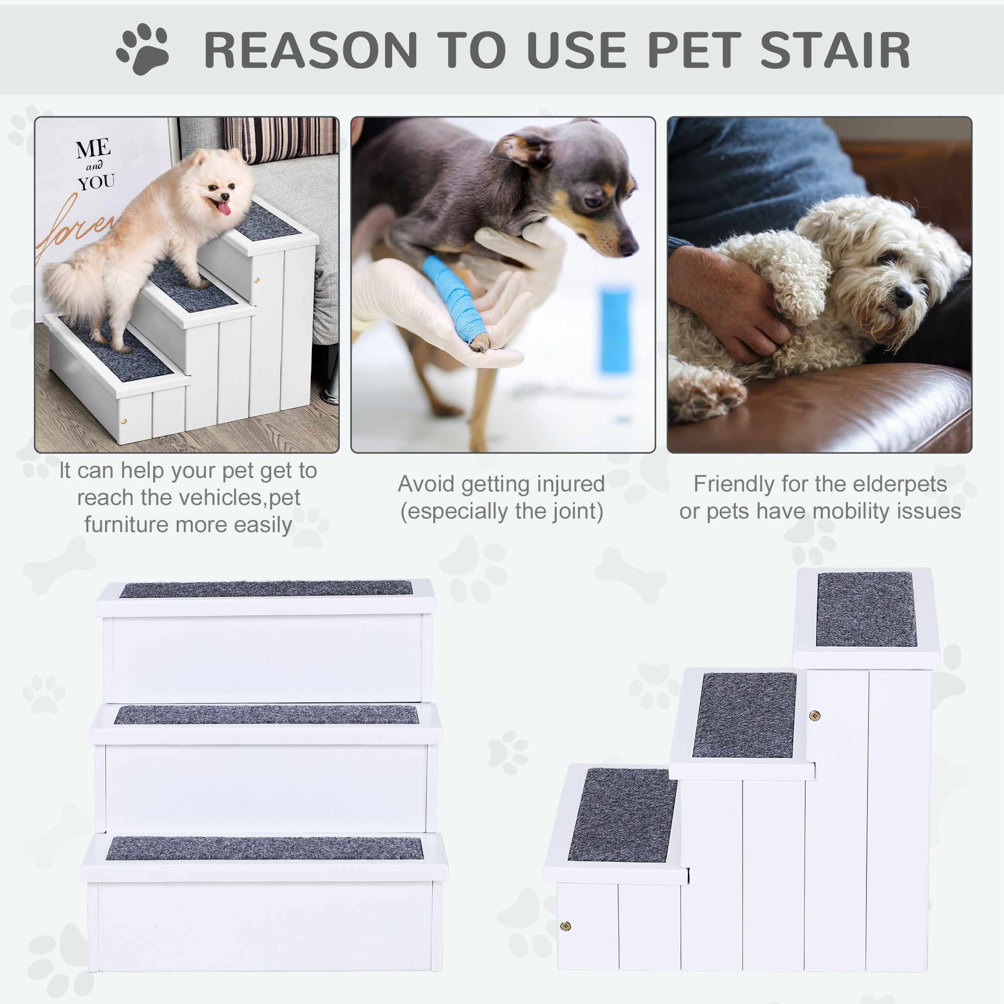 3 Step Wooden Carpeted Non Slip Pet Stairs Ramp for Cats and Small Dogs - White
