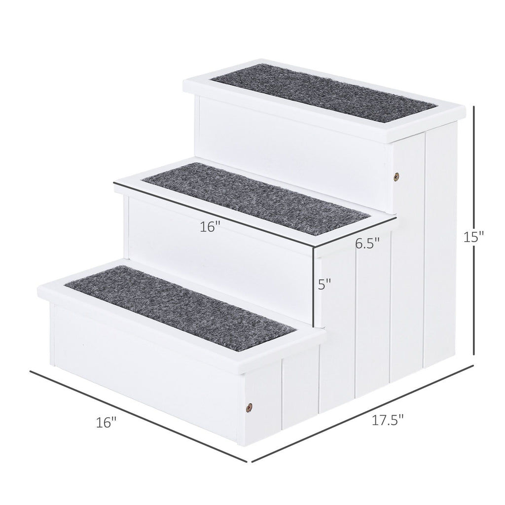 3 Step Wooden Carpeted Non Slip Pet Stairs Ramp for Cats and Small Dogs - White