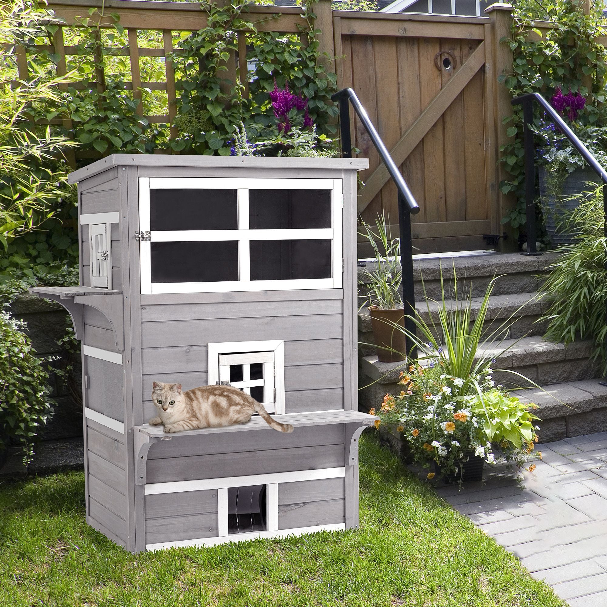 3-Tier Feral Cat House with Escape Doors and Jumping Platform