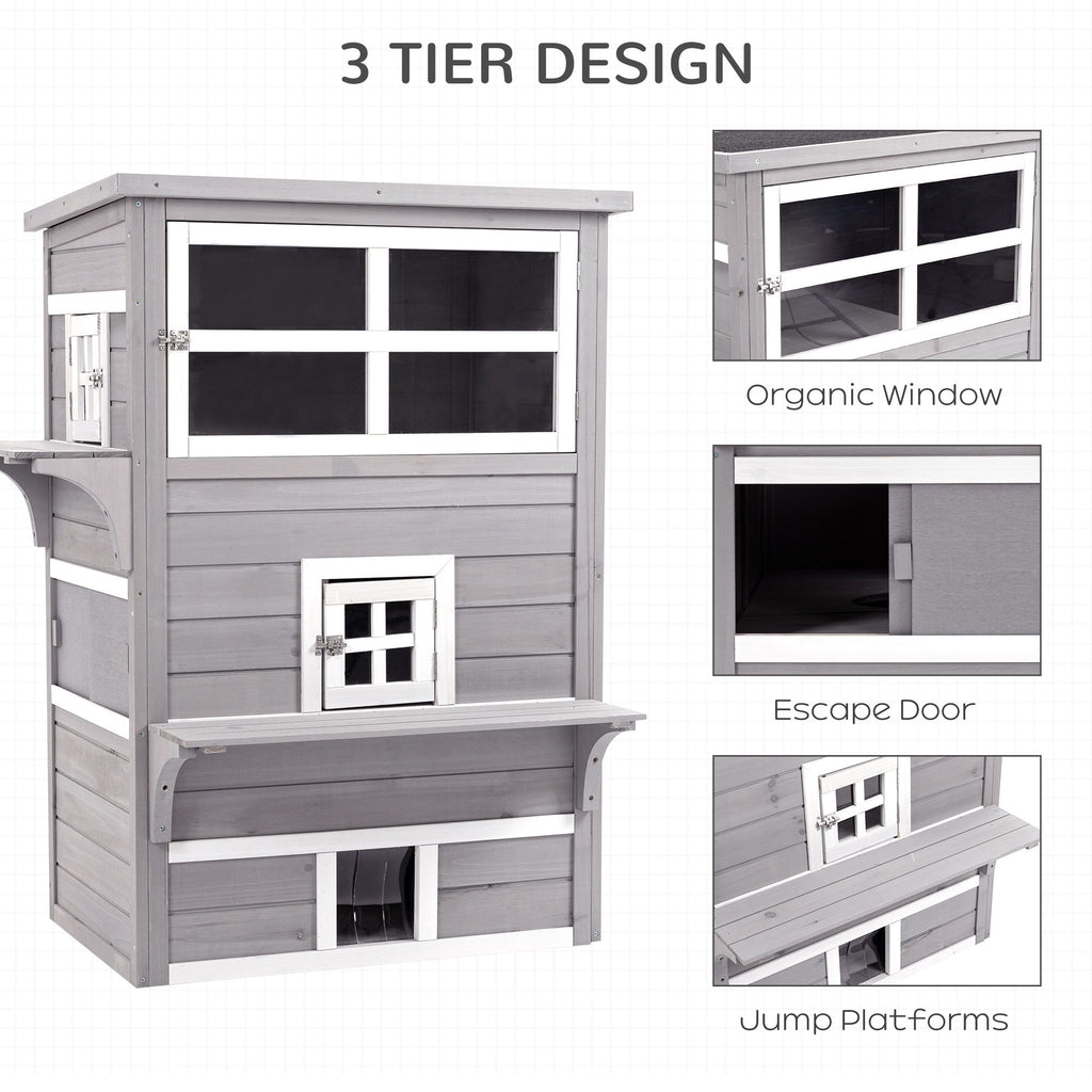 3-Tier Feral Cat House with Escape Doors and Jumping Platform