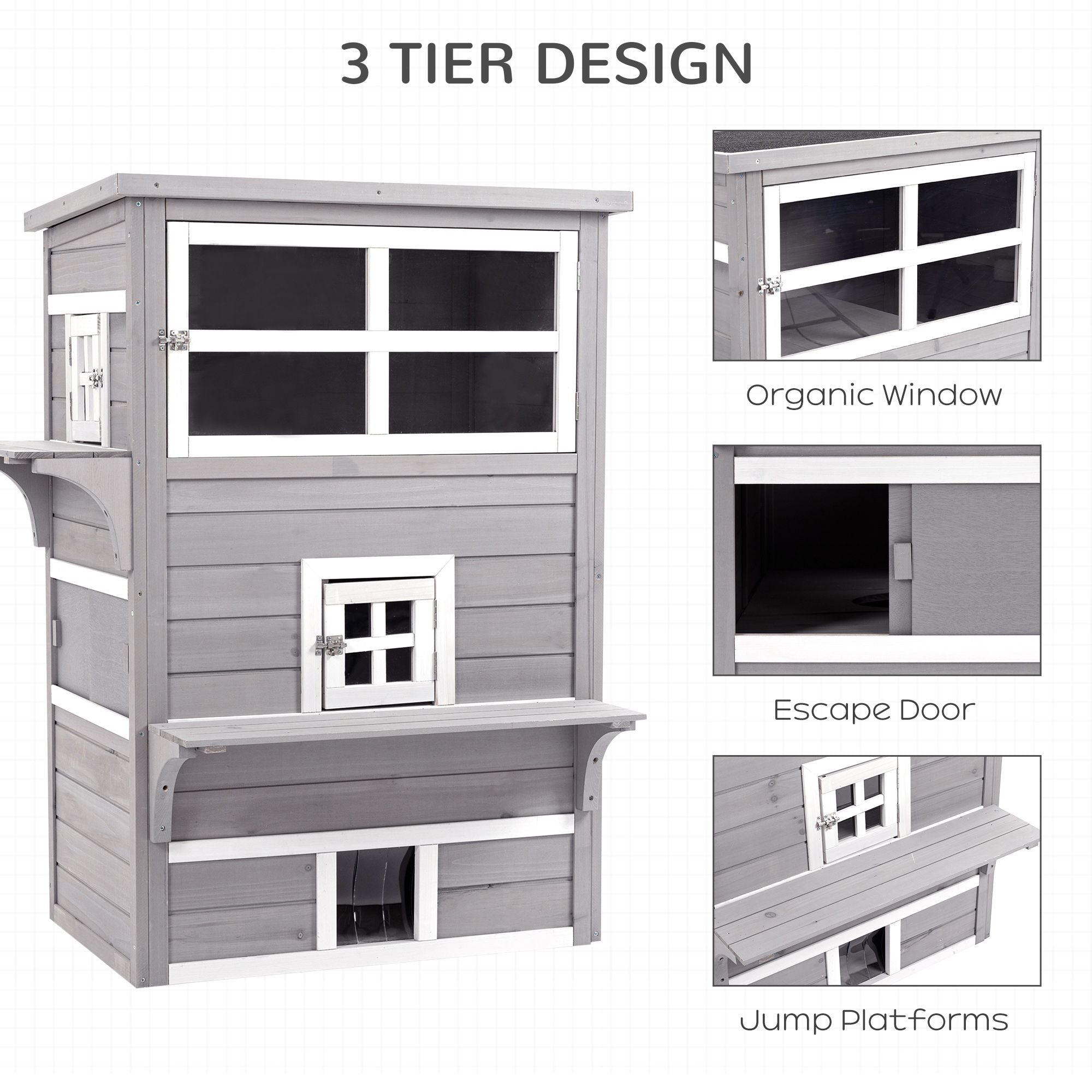 3-Tier Feral Cat House with Escape Doors and Jumping Platform