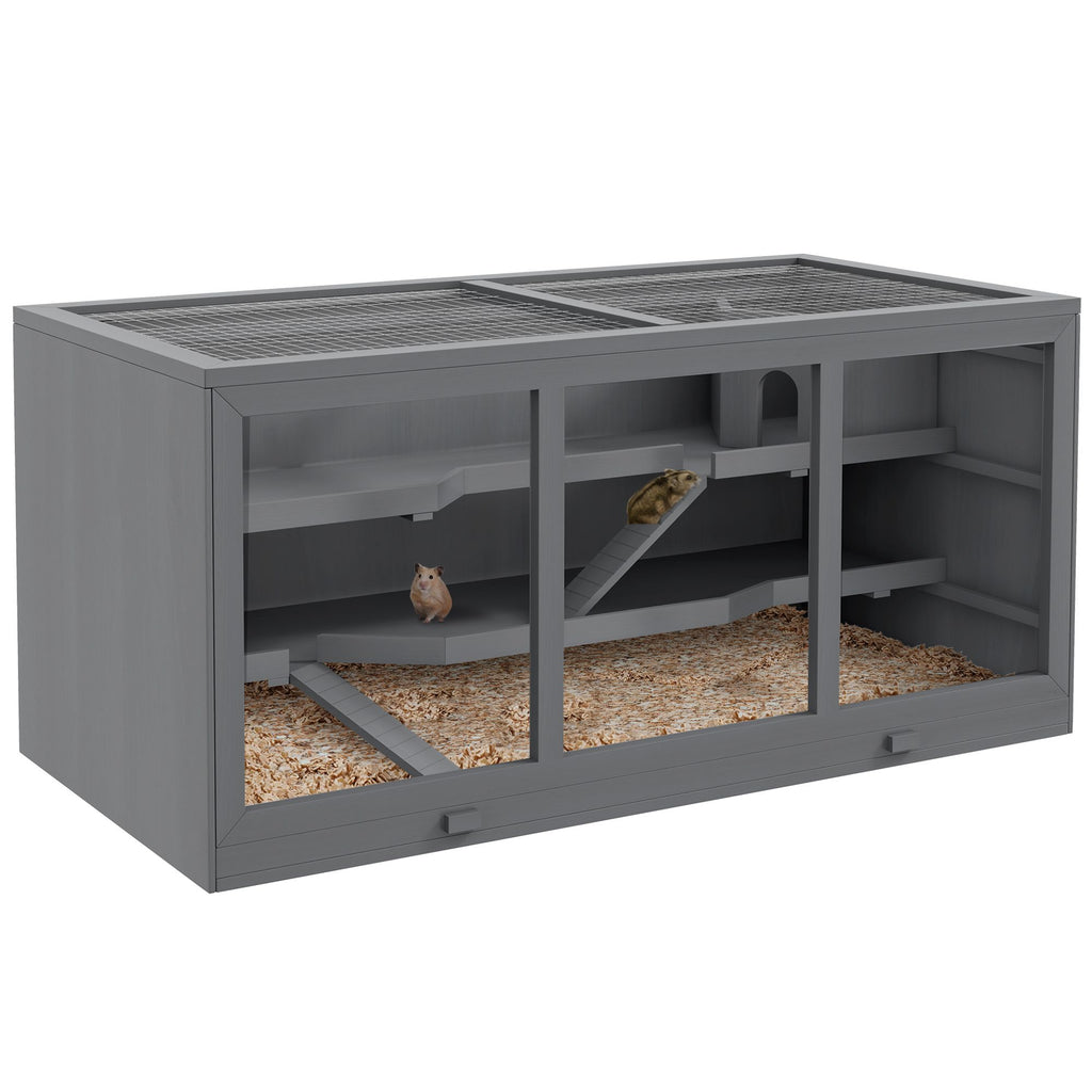 3-Tier Hamster Cage with Tunnel and Ramps – Clear Front, water-ready Tray