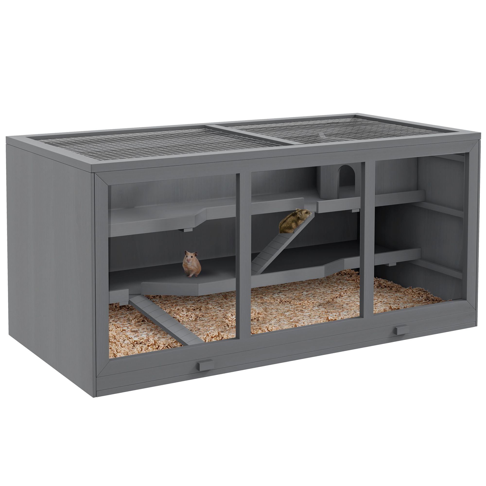 3-Tier Hamster Cage with Tunnel and Ramps – Clear Front, water-ready Tray