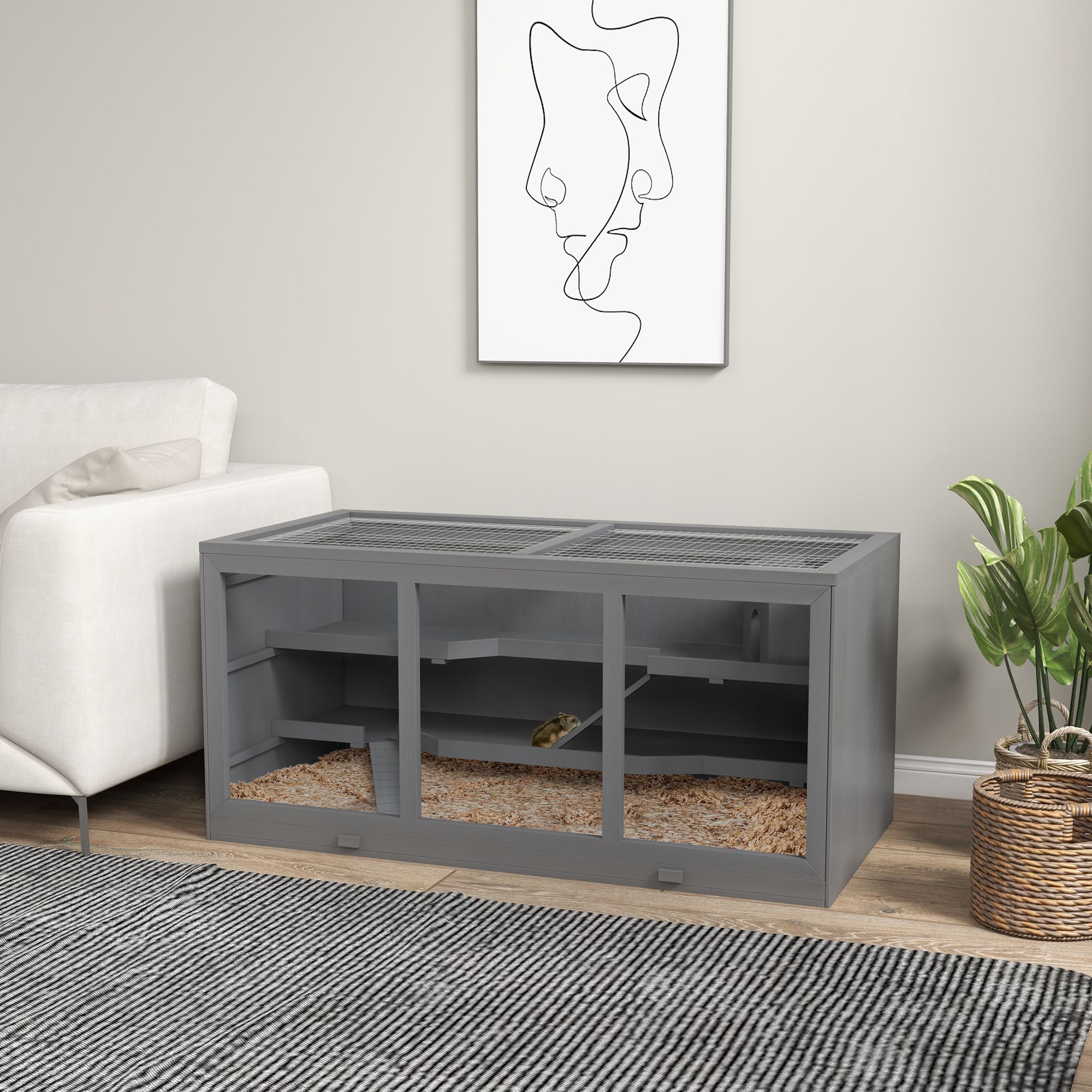 3-Tier Hamster Cage with Tunnel and Ramps – Clear Front, water-ready Tray