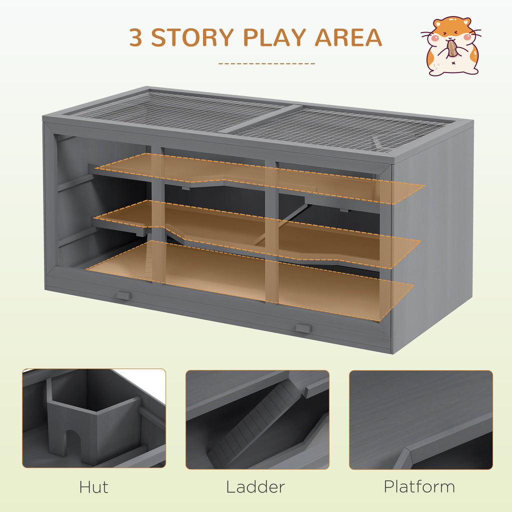 3-Tier Hamster Cage with Tunnel and Ramps – Clear Front, water-ready Tray