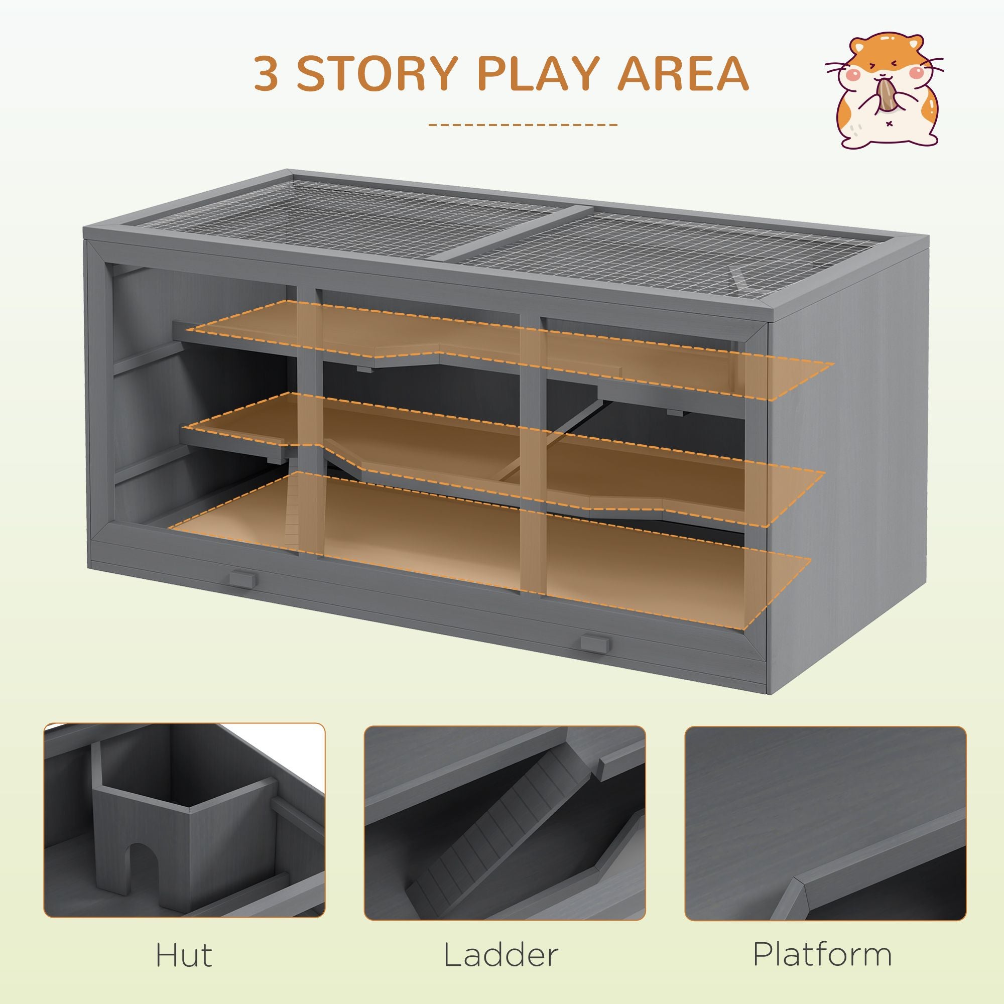 3-Tier Hamster Cage with Tunnel and Ramps – Clear Front, water-ready Tray