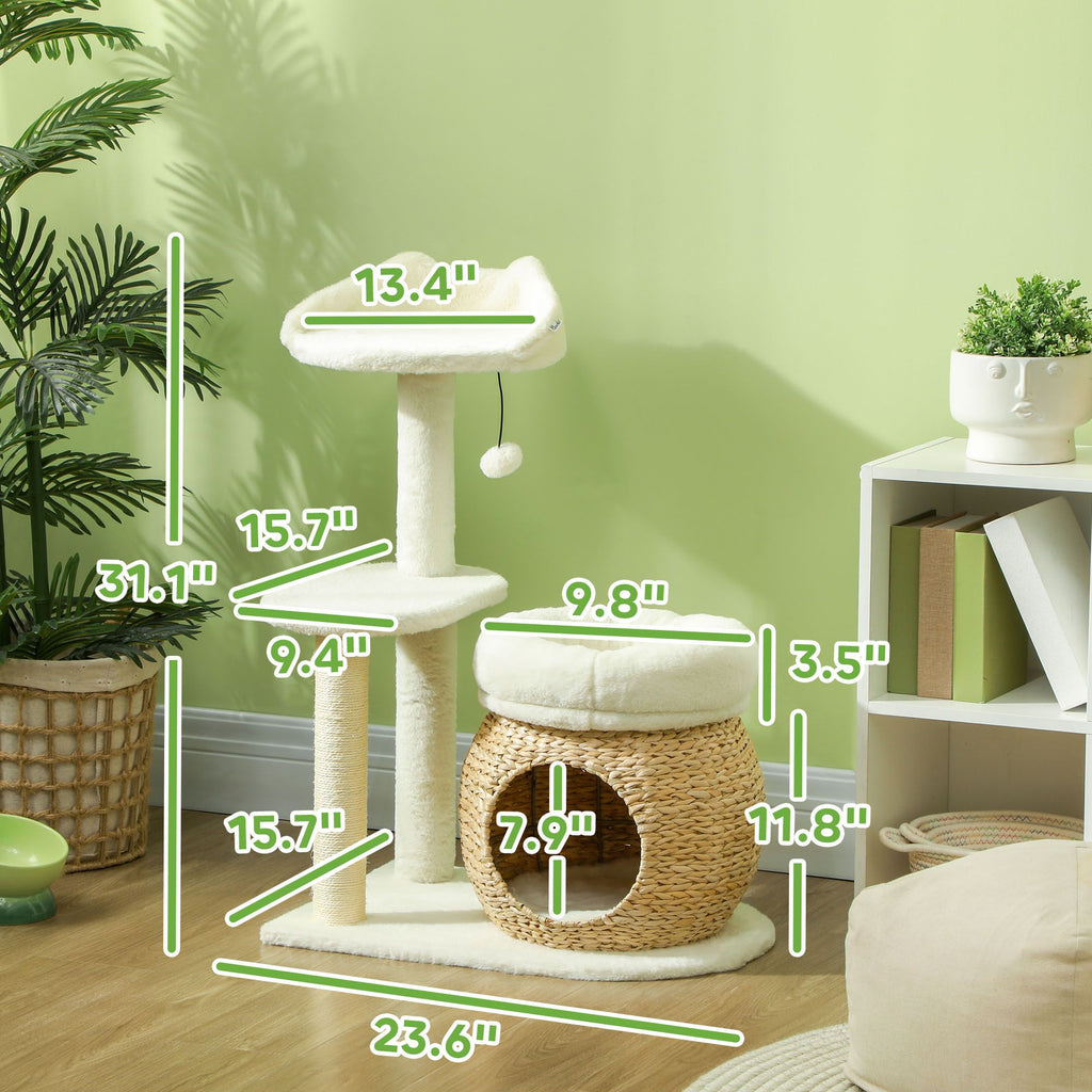 31" Cat Tree Tower with Scratching Posts, Cat Condo, Beds, Platform and Toy Ball for Indoor Cats, Cream White