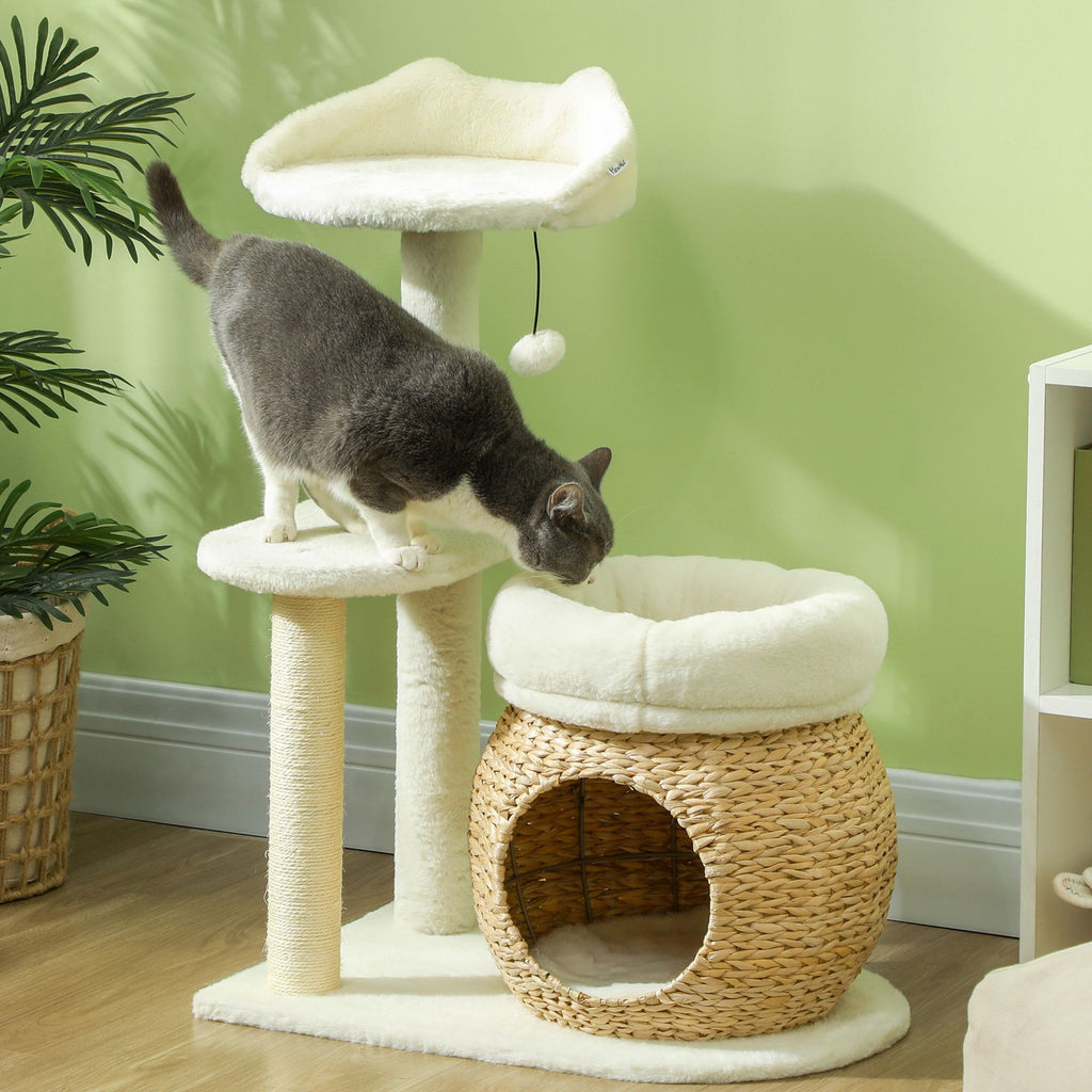31" Cat Tree Tower with Scratching Posts, Cat Condo, Beds, Platform and Toy Ball for Indoor Cats, Cream White