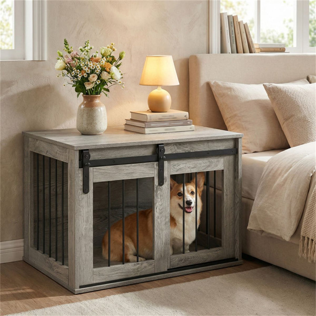 31.5" Dog Crate Furniture with Sliding Barn Door, furniture-style Dog Kennel End Table for Indoor Use - Gray