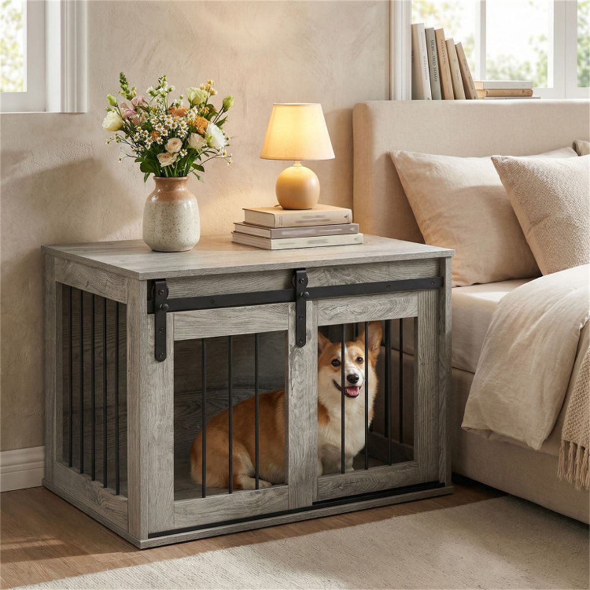 31.5" Dog Crate Furniture with Sliding Barn Door, furniture-style Dog Kennel End Table for Indoor Use - Gray