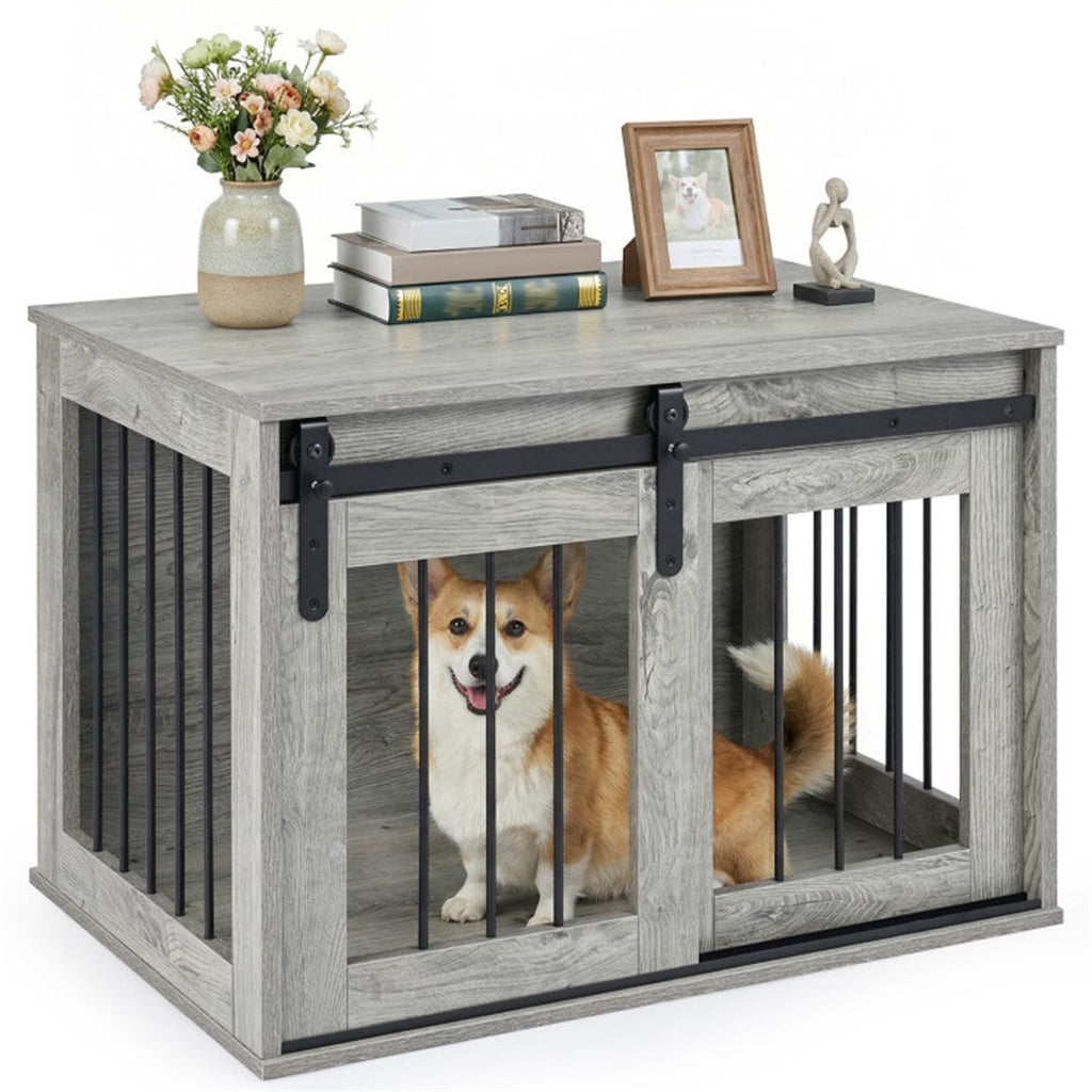 31.5" Dog Crate Furniture with Sliding Barn Door, furniture-style Dog Kennel End Table for Indoor Use - Gray