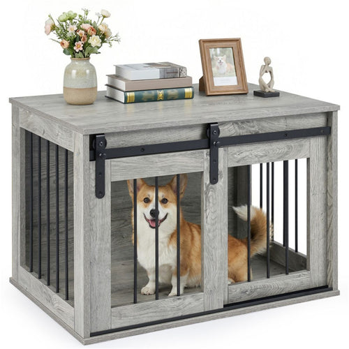 31.5" Dog Crate Furniture with Sliding Barn Door, furniture-style Dog Kennel End Table for Indoor Use - Gray