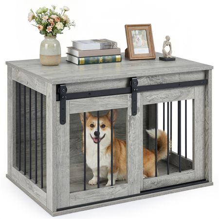 31.5" Dog Crate Furniture with Sliding Barn Door, furniture-style Dog Kennel End Table for Indoor Use - Gray