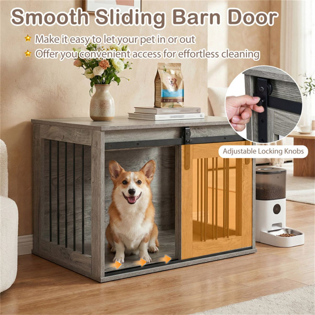 31.5" Dog Crate Furniture with Sliding Barn Door, furniture-style Dog Kennel End Table for Indoor Use - Gray