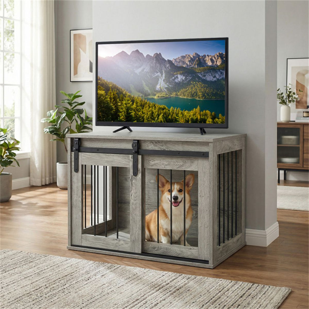 31.5" Dog Crate Furniture with Sliding Barn Door, furniture-style Dog Kennel End Table for Indoor Use - Gray