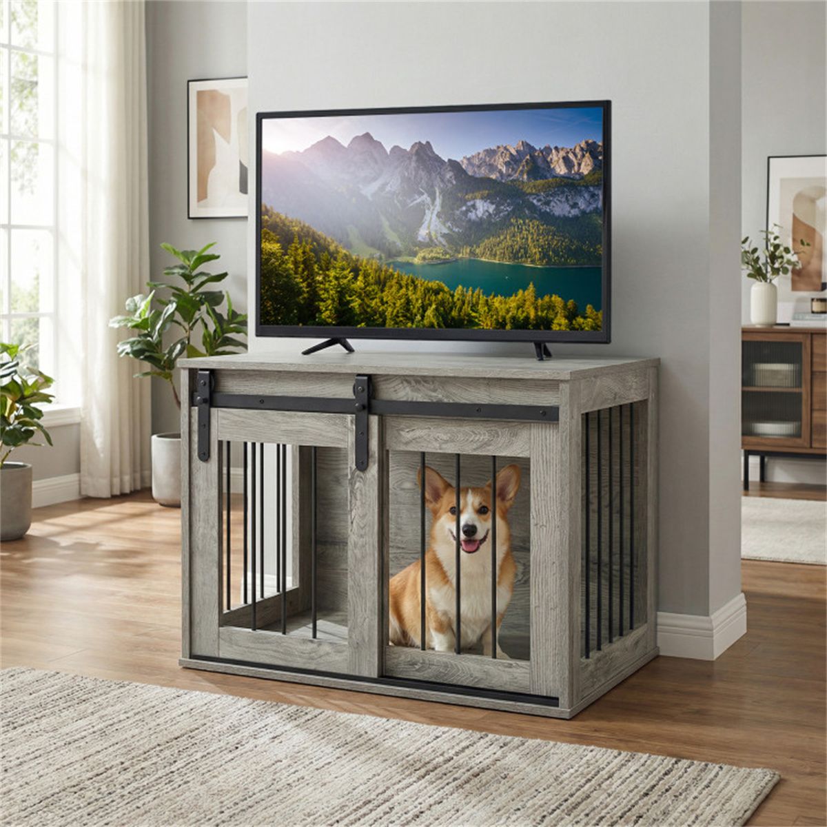 31.5" Dog Crate Furniture with Sliding Barn Door, furniture-style Dog Kennel End Table for Indoor Use - Gray