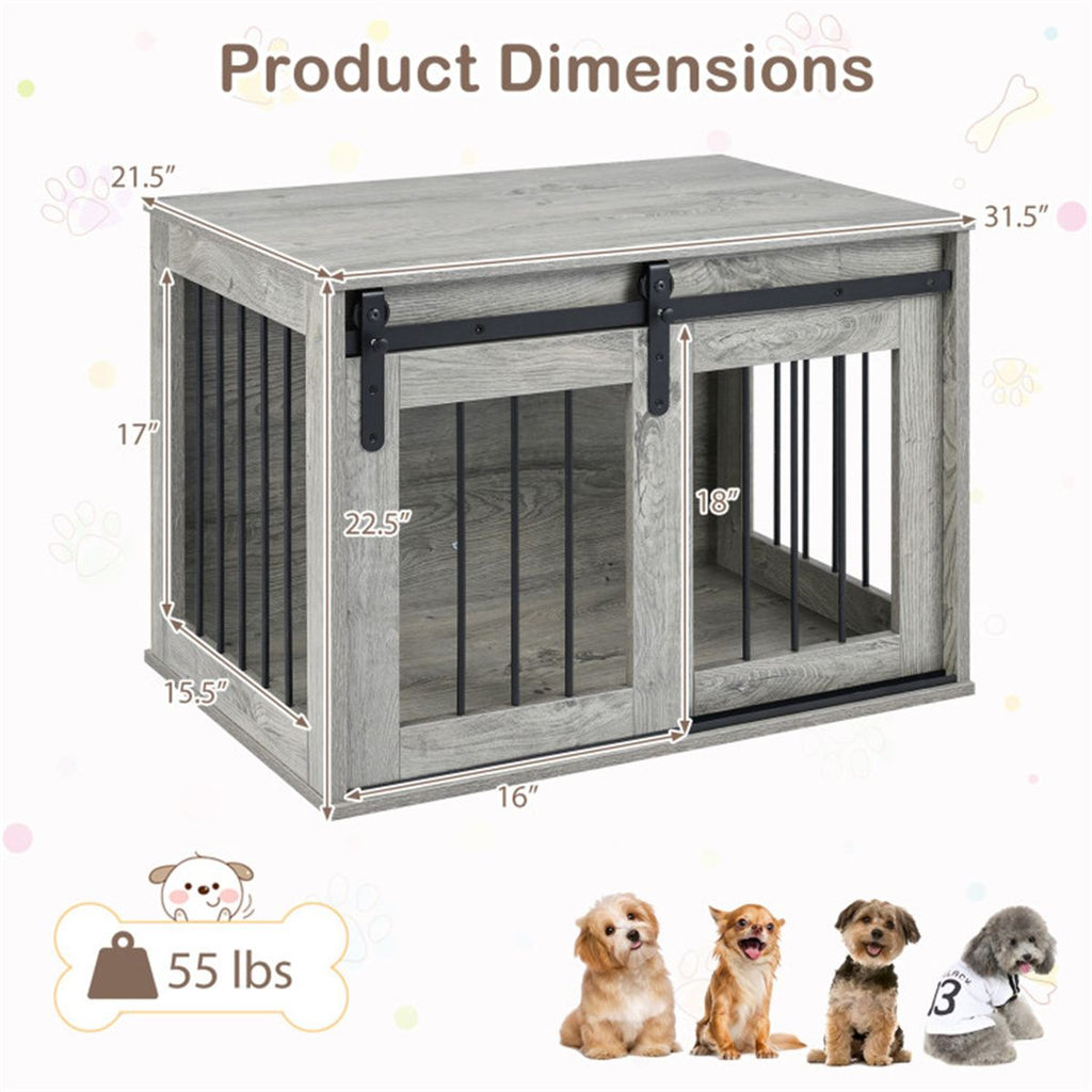 31.5" Dog Crate Furniture with Sliding Barn Door, furniture-style Dog Kennel End Table for Indoor Use - Gray