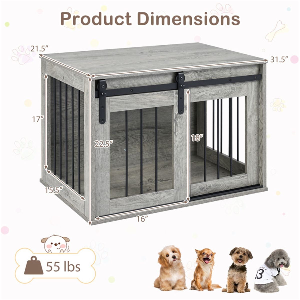 31.5" Dog Crate Furniture with Sliding Barn Door, furniture-style Dog Kennel End Table for Indoor Use - Gray
