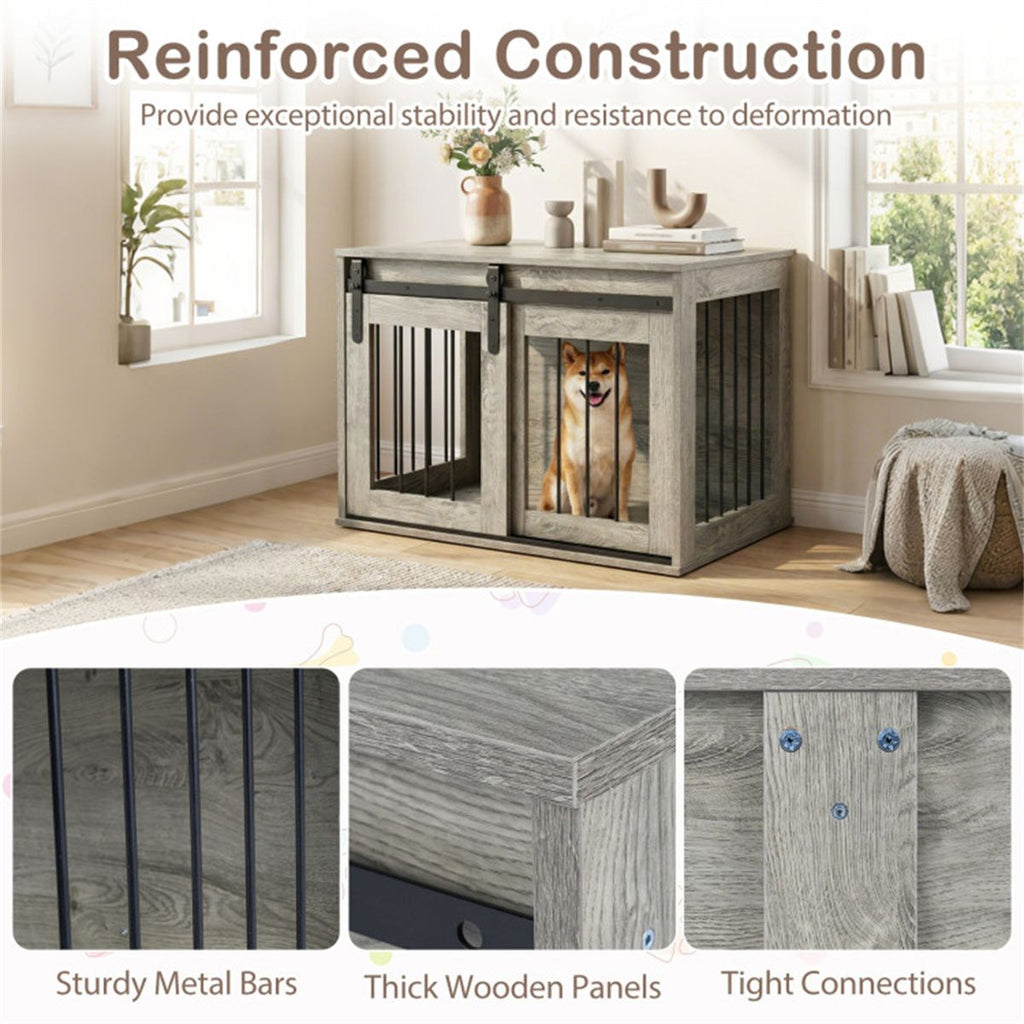 31.5" Dog Crate Furniture with Sliding Barn Door, furniture-style Dog Kennel End Table for Indoor Use - Gray