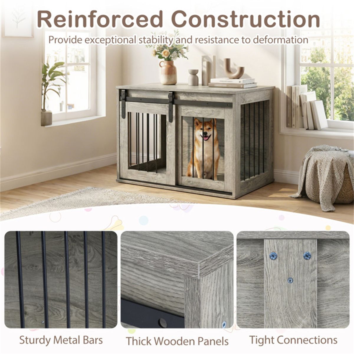 31.5" Dog Crate Furniture with Sliding Barn Door, furniture-style Dog Kennel End Table for Indoor Use - Gray