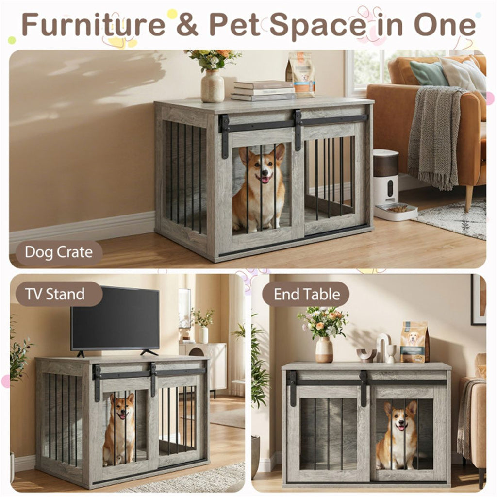 31.5" Dog Crate Furniture with Sliding Barn Door, furniture-style Dog Kennel End Table for Indoor Use - Gray