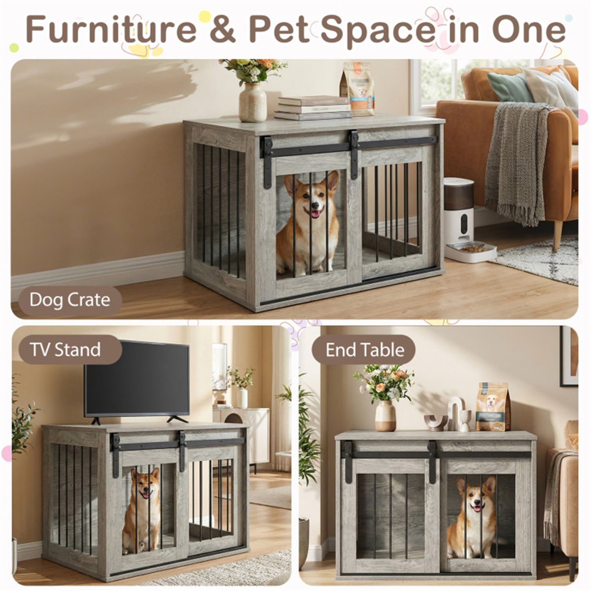 31.5" Dog Crate Furniture with Sliding Barn Door, furniture-style Dog Kennel End Table for Indoor Use - Gray