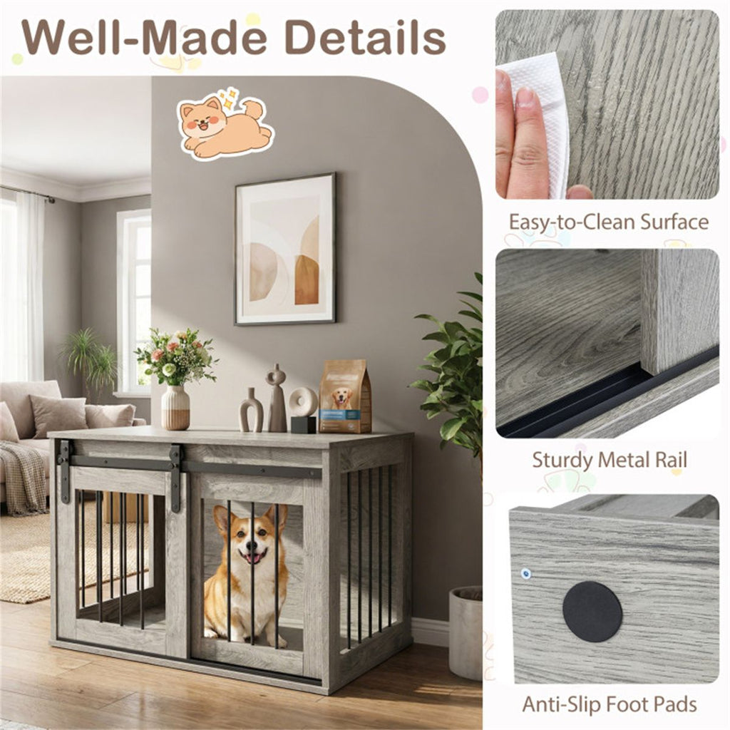 31.5" Dog Crate Furniture with Sliding Barn Door, furniture-style Dog Kennel End Table for Indoor Use - Gray