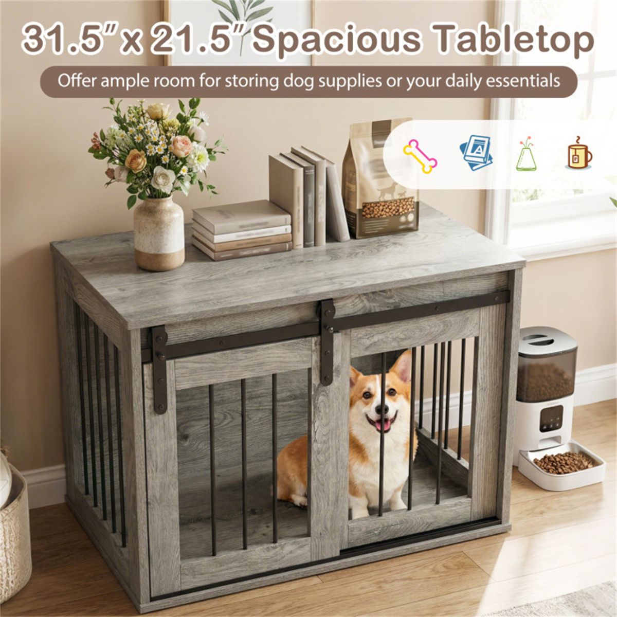 31.5" Dog Crate Furniture with Sliding Barn Door, furniture-style Dog Kennel End Table for Indoor Use - Gray
