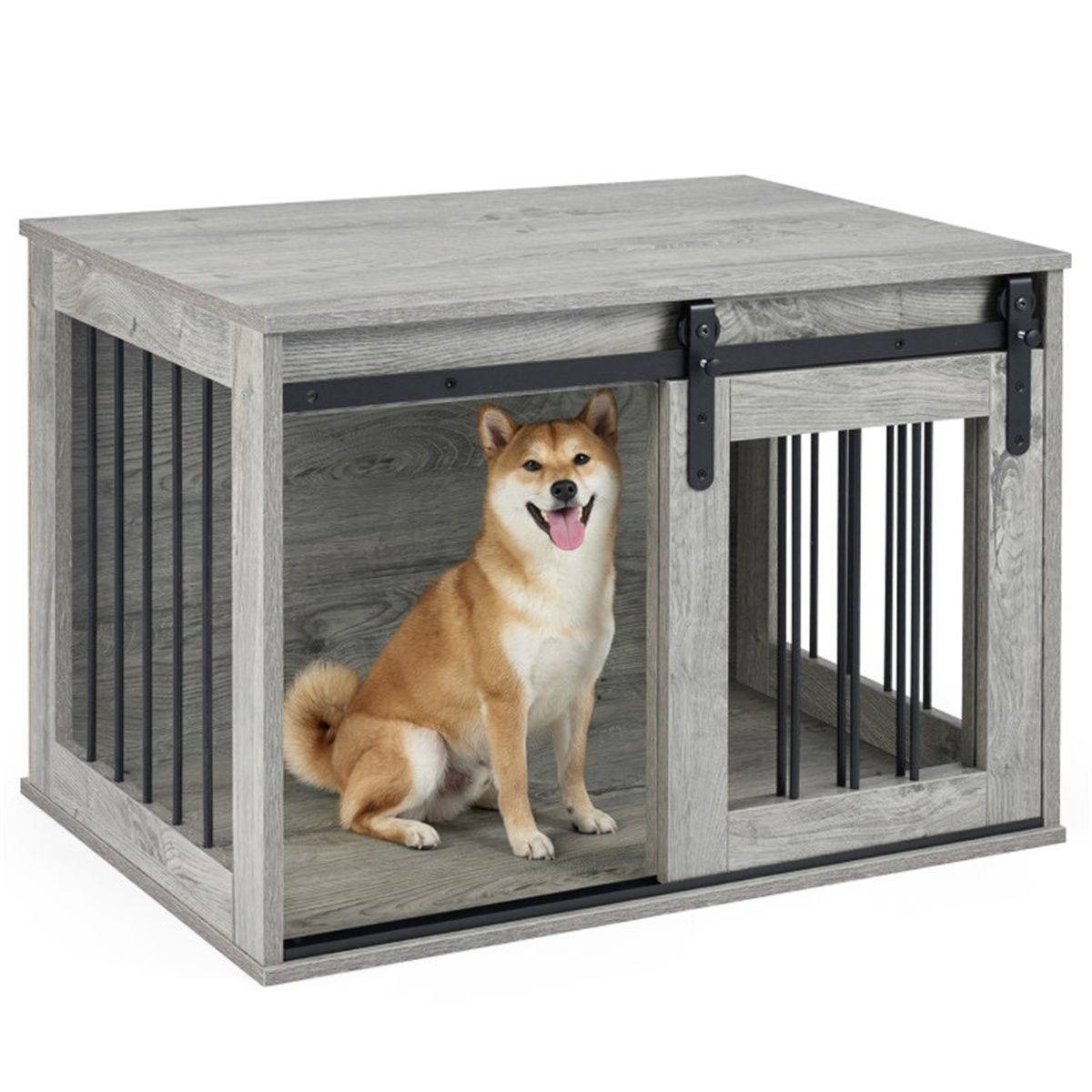 31.5" Dog Crate Furniture with Sliding Barn Door, furniture-style Dog Kennel End Table for Indoor Use - Gray