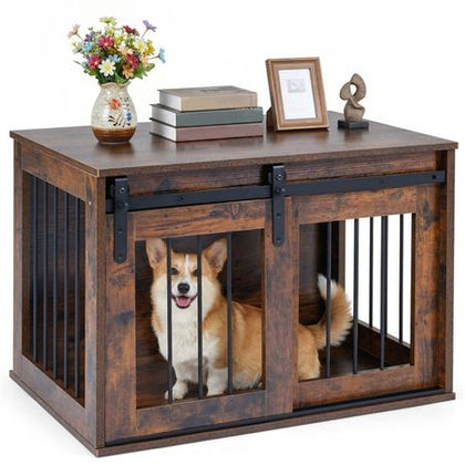 Stylish Dog Crate Furniture with Sliding Barn Door & Tabletop