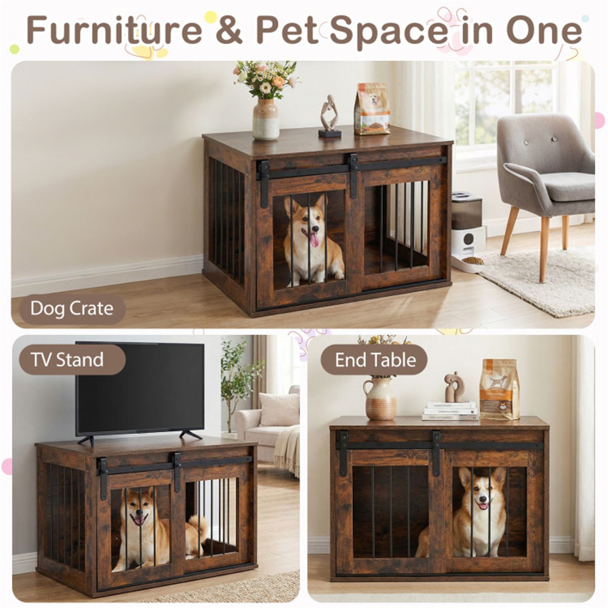 Stylish Dog Crate Furniture with Sliding Barn Door & Tabletop