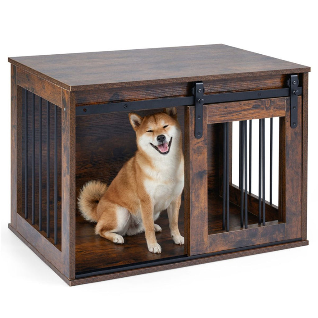 Stylish Dog Crate Furniture with Sliding Barn Door & Tabletop