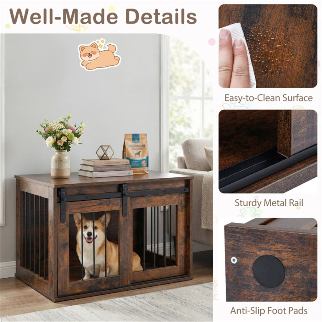 Stylish Dog Crate Furniture with Sliding Barn Door & Tabletop