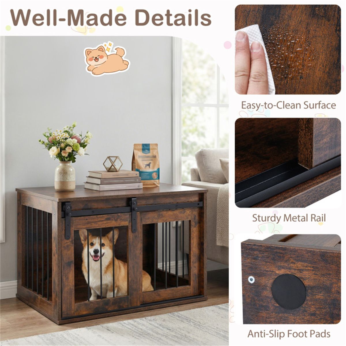 Stylish Dog Crate Furniture with Sliding Barn Door & Tabletop