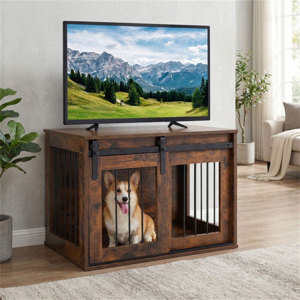 Stylish Dog Crate Furniture with Sliding Barn Door & Tabletop