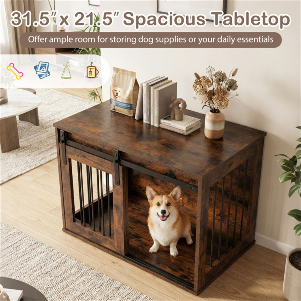 Stylish Dog Crate Furniture with Sliding Barn Door & Tabletop