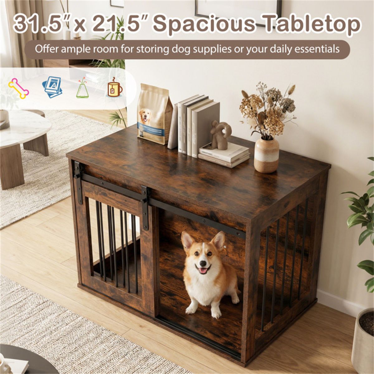 Stylish Dog Crate Furniture with Sliding Barn Door & Tabletop