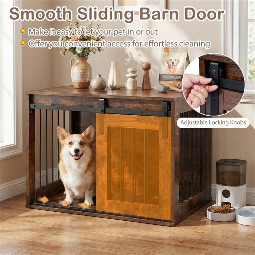 Stylish Dog Crate Furniture with Sliding Barn Door & Tabletop