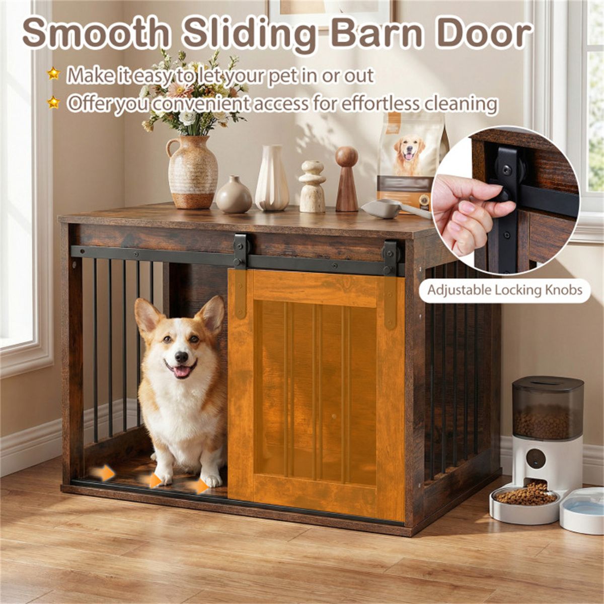 Stylish Dog Crate Furniture with Sliding Barn Door & Tabletop