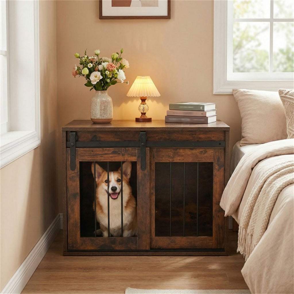Stylish Dog Crate Furniture with Sliding Barn Door & Tabletop