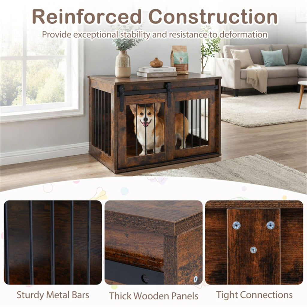 Stylish Dog Crate Furniture with Sliding Barn Door & Tabletop