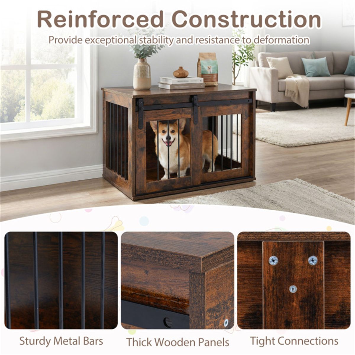 Stylish Dog Crate Furniture with Sliding Barn Door & Tabletop
