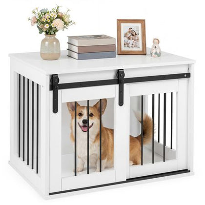 Furniture-Style Dog Crate with Sliding Barn Door and Reinforced structured Frame