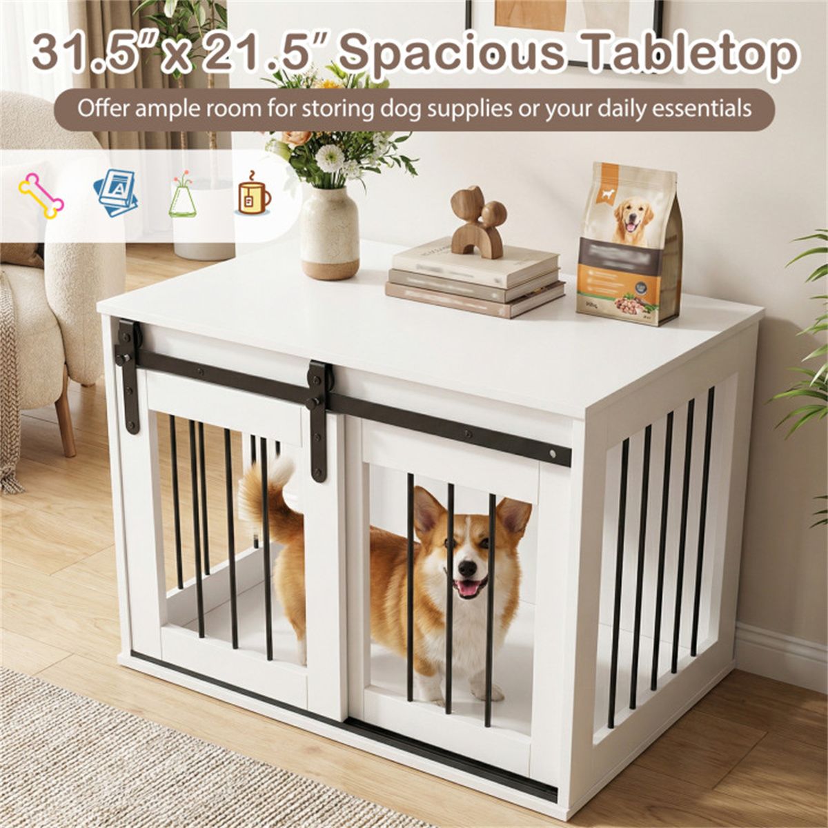 Furniture-Style Dog Crate with Sliding Barn Door and Reinforced structured Frame